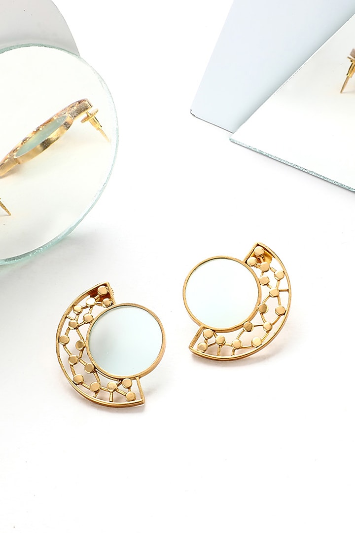 Gold Plated Cyan Blue Acrylic Work Circular Arc Earrings by Suhani Pittie at Pernia's Pop Up Shop