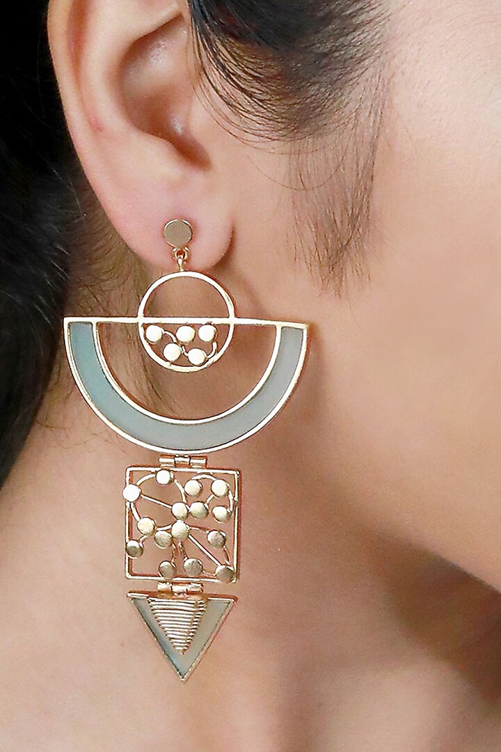 Gold Plated Cyan Blue Acrylic Work Semi-Circular Drop Earrings by Suhani Pittie at Pernia's Pop Up Shop