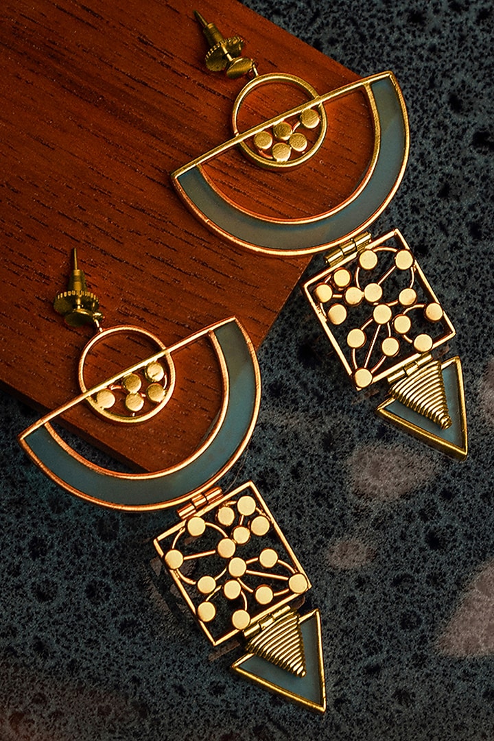 Gold Plated Cyan Blue Acrylic Work Semi-Circular Drop Earrings by Suhani Pittie at Pernia's Pop Up Shop