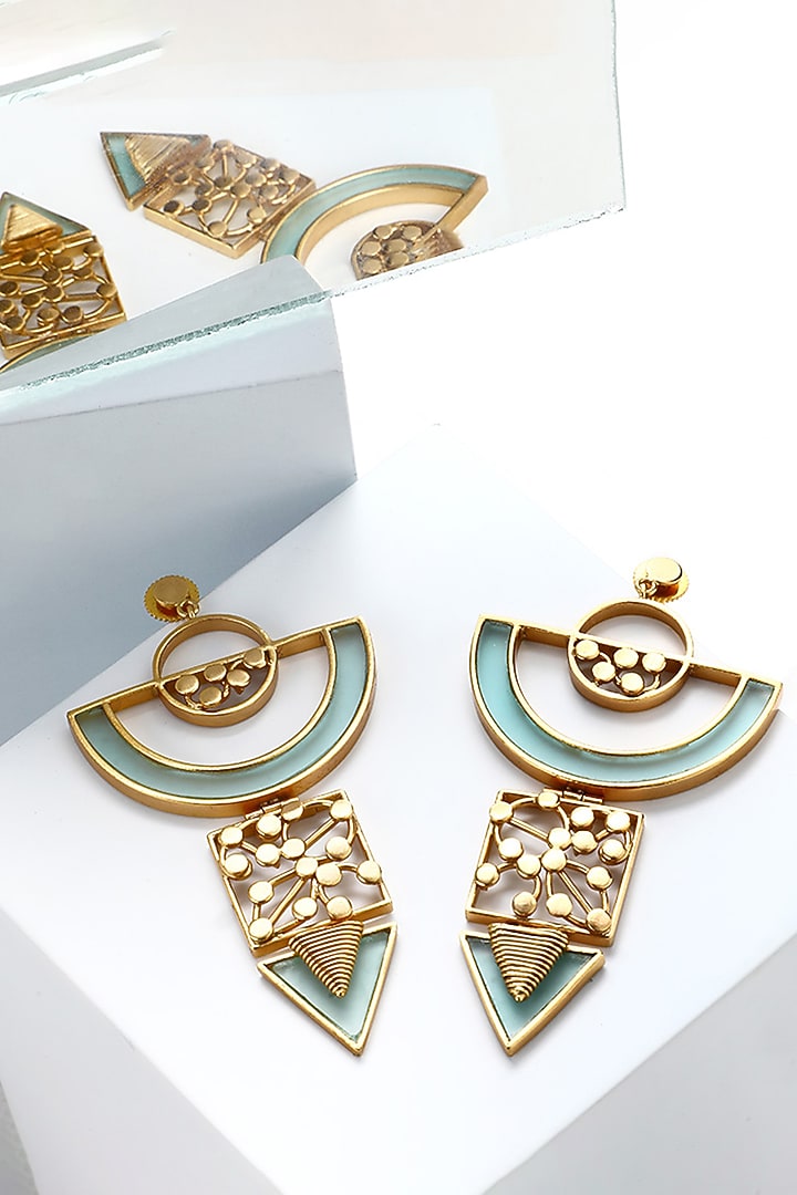 Gold Plated Cyan Blue Acrylic Work Semi-Circular Drop Earrings by Suhani Pittie at Pernia's Pop Up Shop