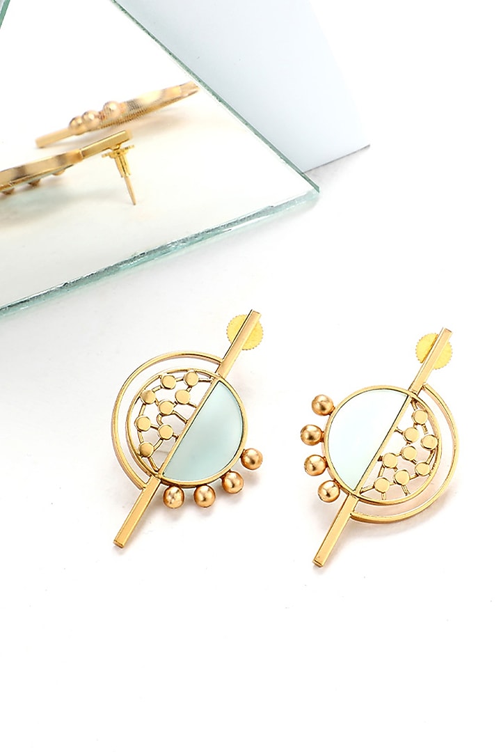 Gold Plated Cyan Blue Acrylic Work Circular Dotted Stud Earrings by Suhani Pittie at Pernia's Pop Up Shop