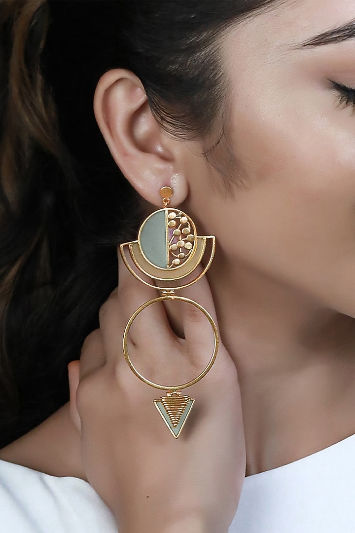 Gold Plated Acrylic Work Circular Drop Earrings by Suhani Pittie at Pernia's Pop Up Shop