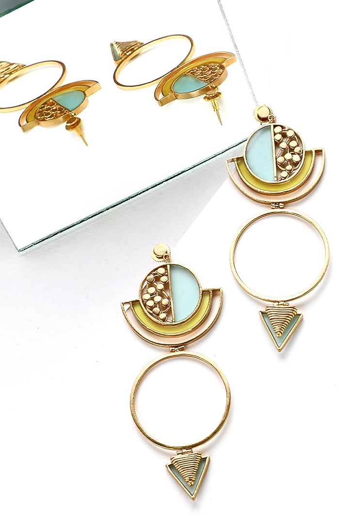 Gold Plated Acrylic Work Circular Drop Earrings by Suhani Pittie at Pernia's Pop Up Shop