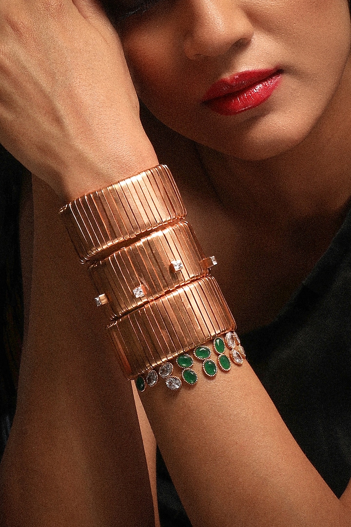 Gold Plated Green & White Crystal Flexible Cuff by Suhani Pittie at Pernia's Pop Up Shop