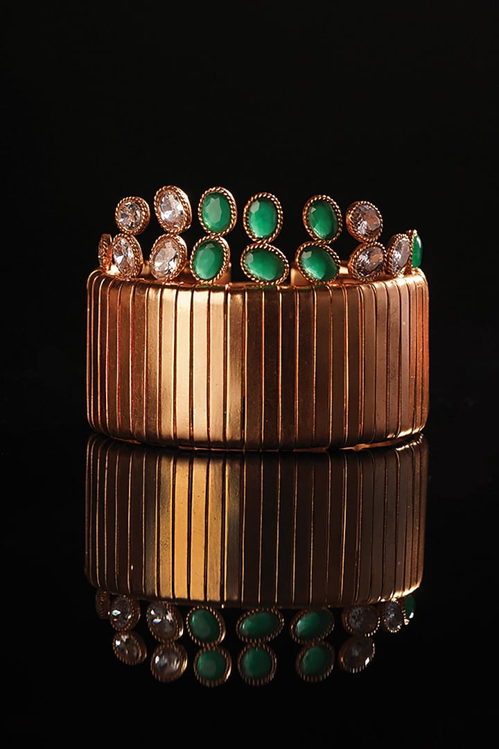 Gold Plated Green & White Crystal Flexible Cuff by Suhani Pittie at Pernia's Pop Up Shop