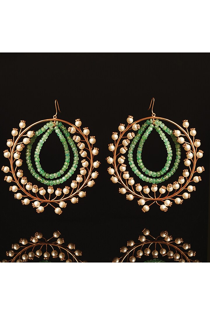 Gold Plated Pearl & Emerald Double Loop Hoop Earrings by Suhani Pittie at Pernia's Pop Up Shop