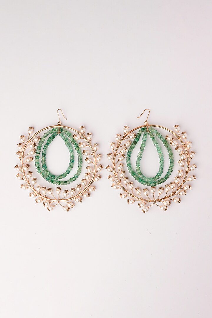 Gold Plated Pearl & Emerald Double Loop Hoop Earrings by Suhani Pittie at Pernia's Pop Up Shop