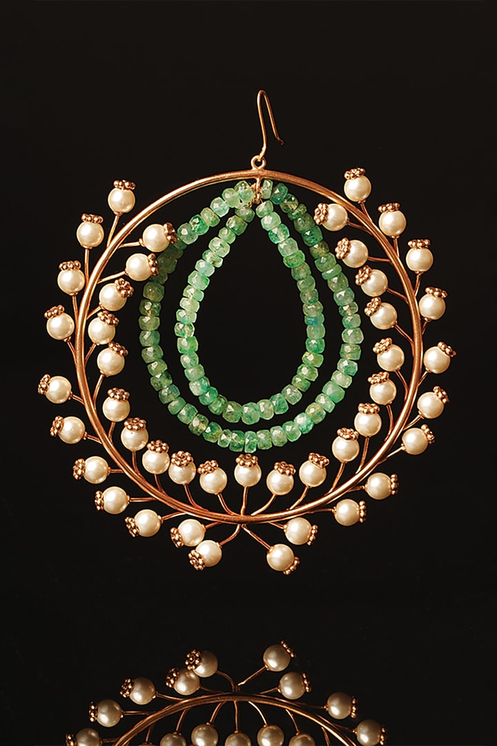 Gold Plated Pearl & Emerald Double Loop Hoop Earrings by Suhani Pittie at Pernia's Pop Up Shop
