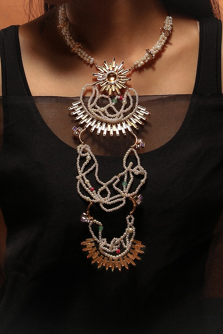 Gold Plated Emerald & Ruby Sunburst Pendant Necklace by Suhani Pittie at Pernia's Pop Up Shop
