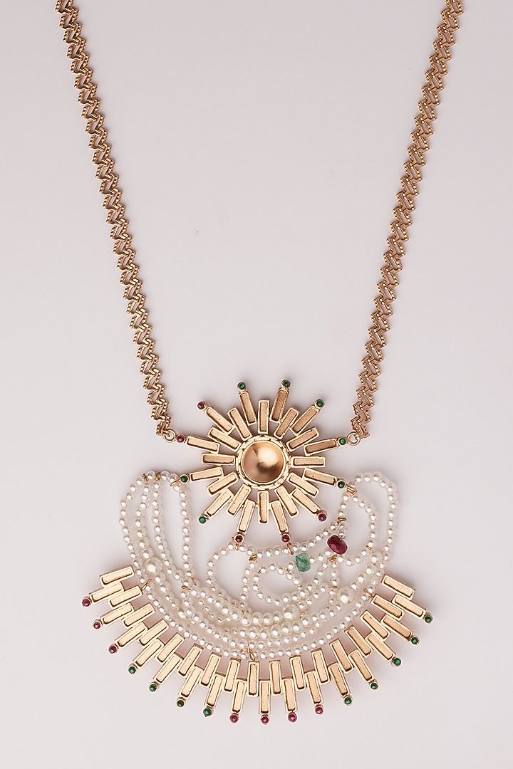 Gold Plated Emerald & Ruby Solar Beam Long Necklace by Suhani Pittie at Pernia's Pop Up Shop