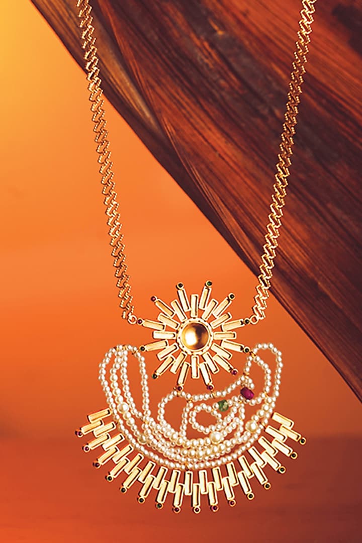 Gold Plated Emerald & Ruby Solar Beam Long Necklace by Suhani Pittie at Pernia's Pop Up Shop