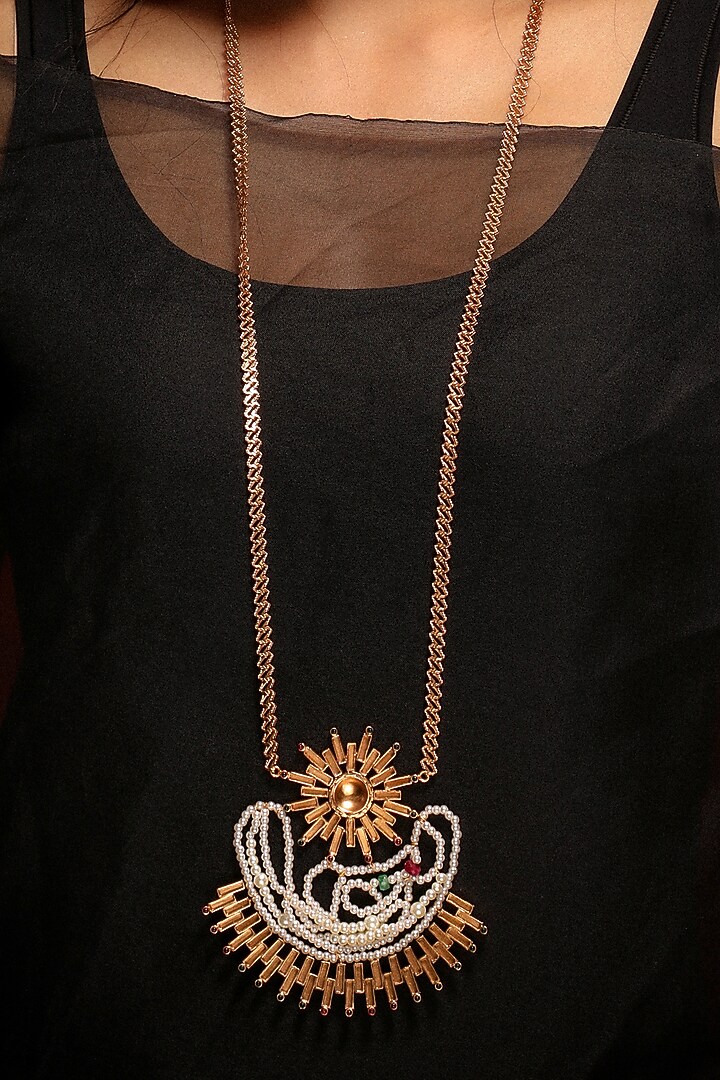 Gold Plated Emerald & Ruby Solar Beam Long Necklace by Suhani Pittie at Pernia's Pop Up Shop