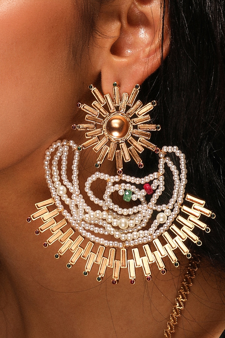 Gold Plated Ruby & Emerald Sun Beam Dangler Earrings by Suhani Pittie at Pernia's Pop Up Shop