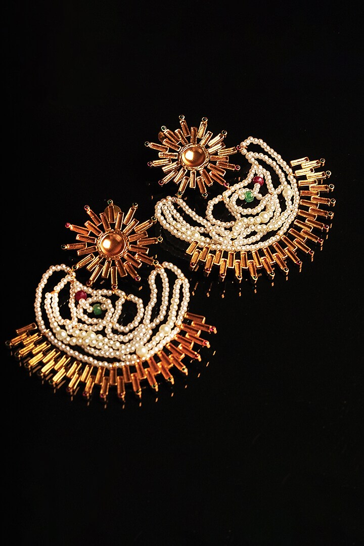 Gold Plated Ruby & Emerald Sun Beam Dangler Earrings by Suhani Pittie at Pernia's Pop Up Shop