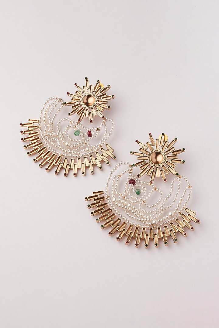 Gold Plated Ruby & Emerald Sun Beam Dangler Earrings by Suhani Pittie at Pernia's Pop Up Shop