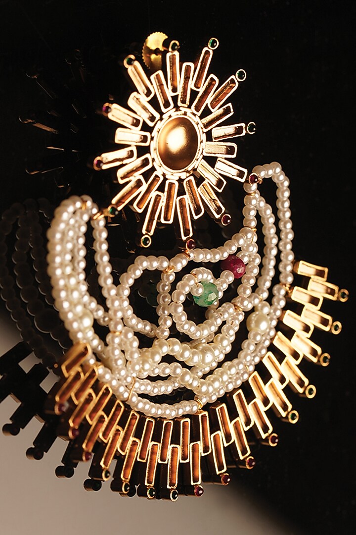 Gold Plated Ruby & Emerald Sun Beam Dangler Earrings by Suhani Pittie at Pernia's Pop Up Shop