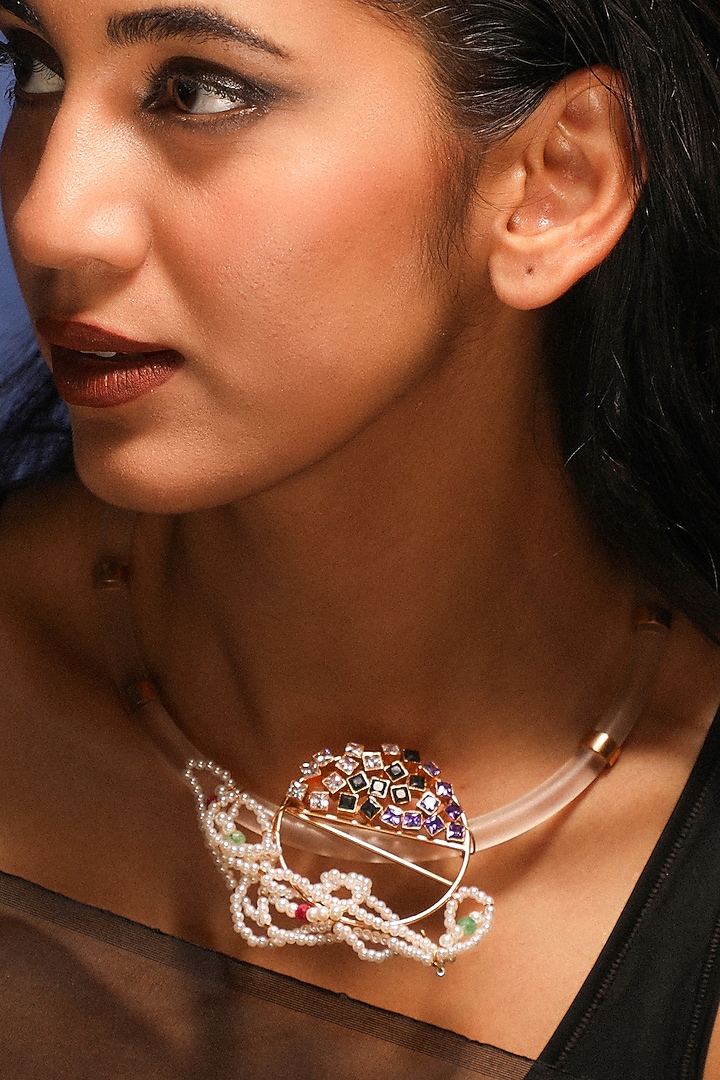 Gold Plated Acrylic & Cubic Zirconia Kanthi Necklace by Suhani Pittie at Pernia's Pop Up Shop