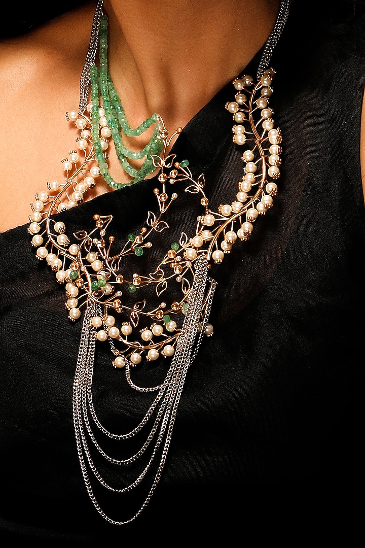 Gold Plated Pearl & Emerald Beaded Layered Necklace by Suhani Pittie at Pernia's Pop Up Shop