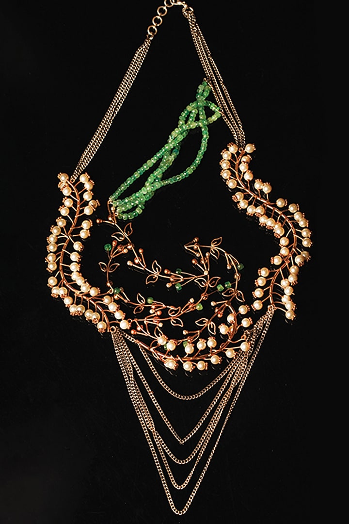 Gold Plated Pearl & Emerald Beaded Layered Necklace by Suhani Pittie at Pernia's Pop Up Shop