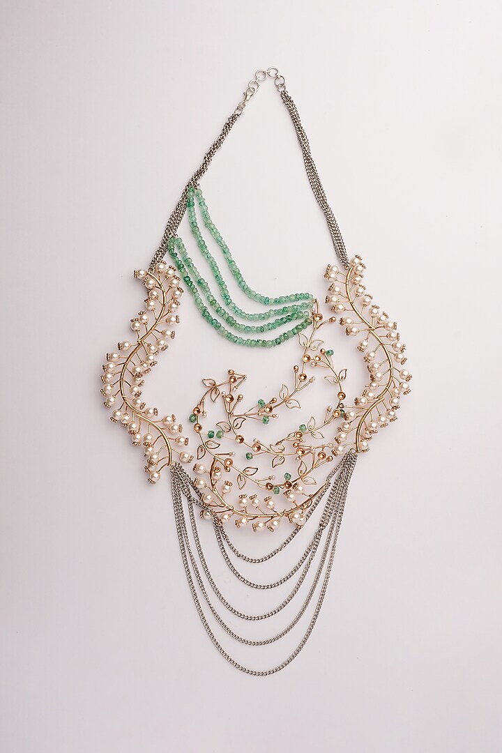 Gold Plated Pearl & Emerald Beaded Layered Necklace by Suhani Pittie at Pernia's Pop Up Shop
