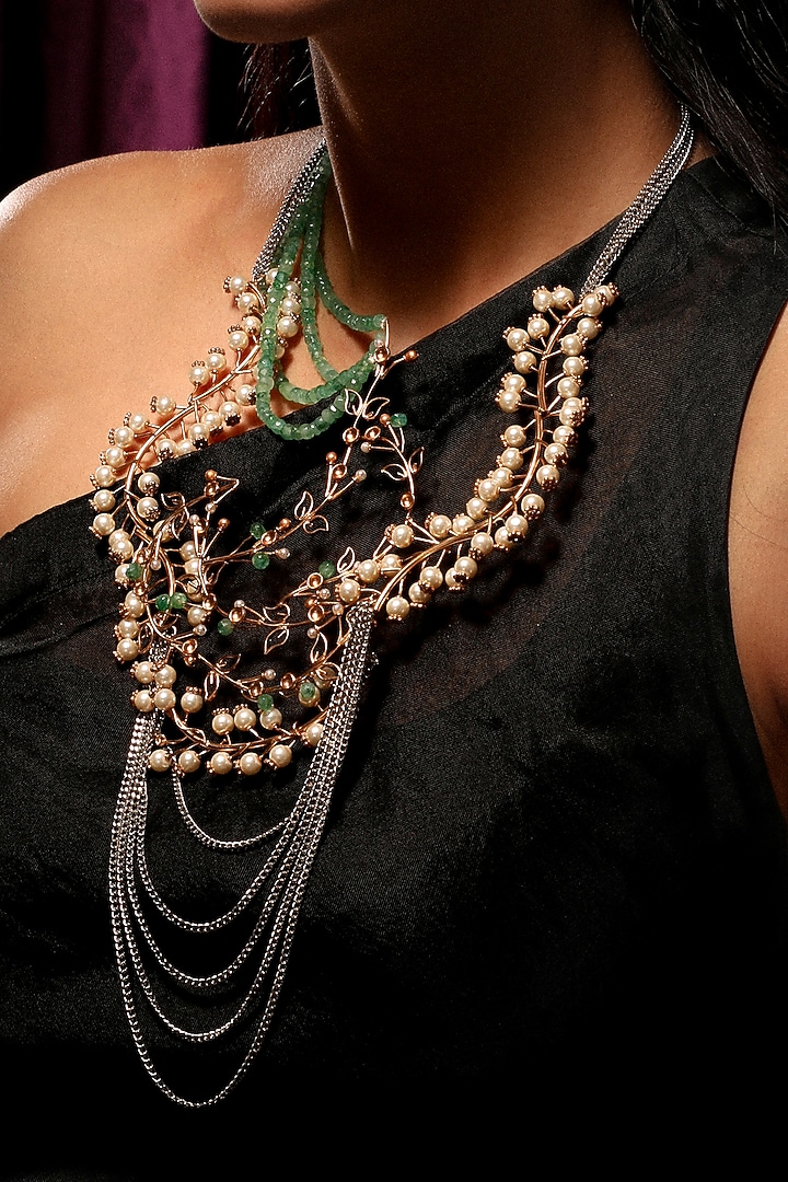 Gold Plated Pearl & Emerald Beaded Layered Necklace by Suhani Pittie at Pernia's Pop Up Shop