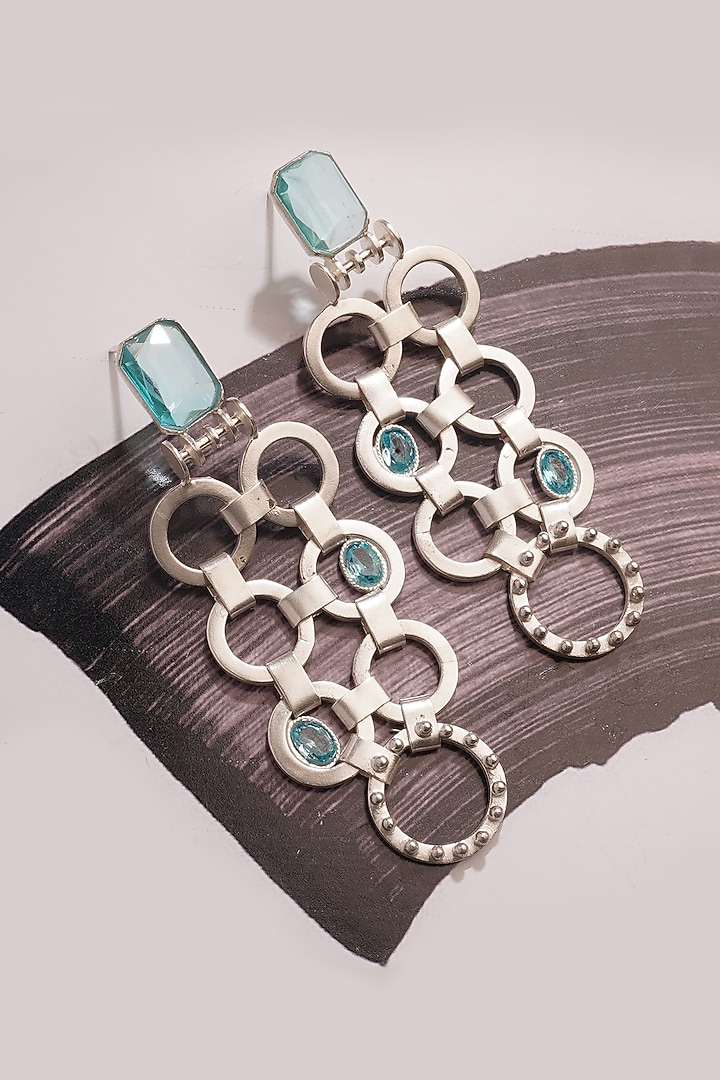 Silver Finish Blue Crystal Dangler Earrings In Sterling Silver by Suhani Pittie at Pernia's Pop Up Shop