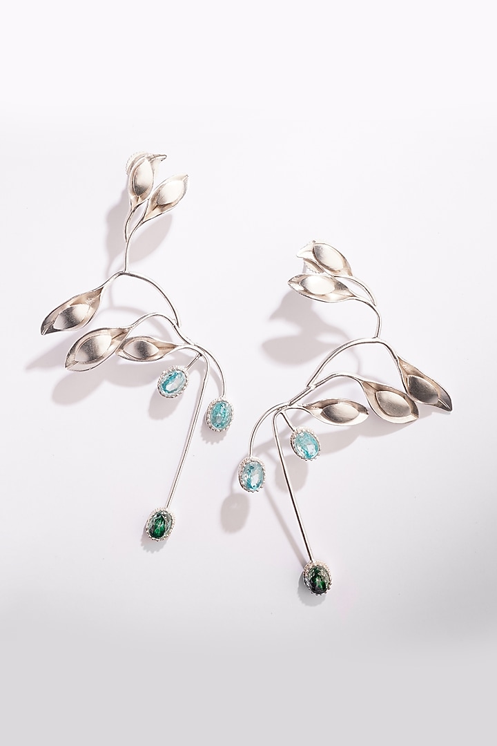 Silver Finish Blue & Green Crystal Dangler Earrings In Sterling Silver by Suhani Pittie at Pernia's Pop Up Shop
