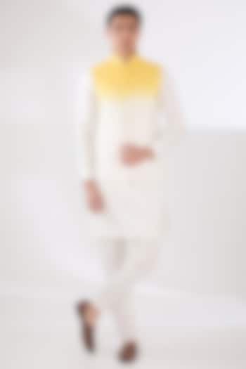 Off-White & Yellow Chanderi Thread Embroidered Ombre Nehru Jacket Set by Sulakshna Jasra