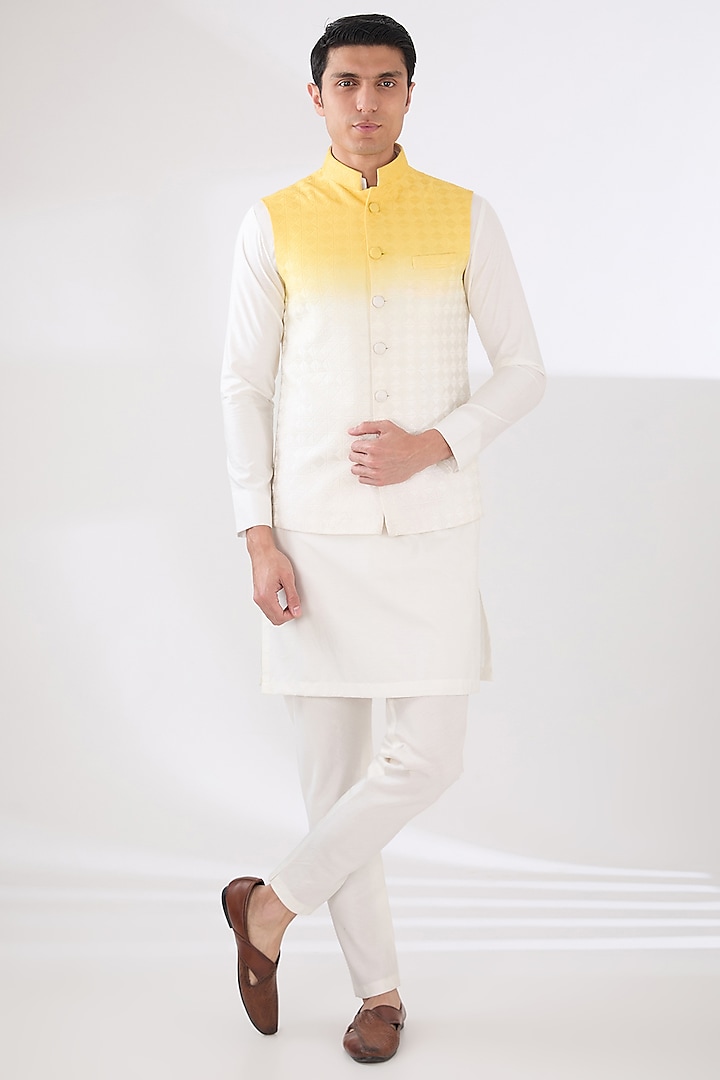 Off-White & Yellow Chanderi Thread Embroidered Ombre Nehru Jacket Set by Sulakshna Jasra