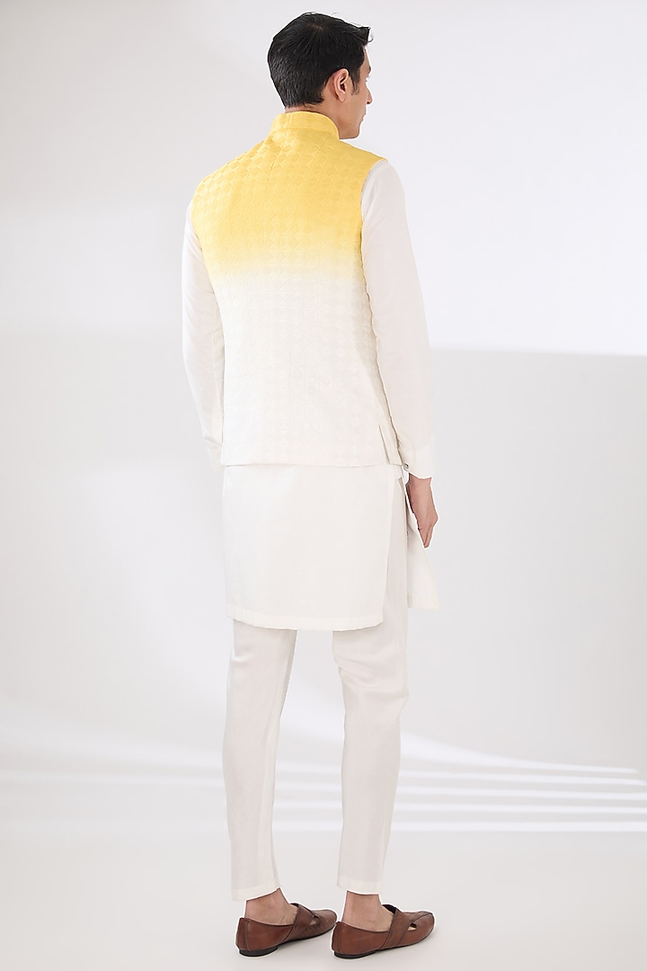 Off-White & Yellow Chanderi Thread Embroidered Ombre Nehru Jacket Set by Sulakshna Jasra at Pernia's Pop Up Shop