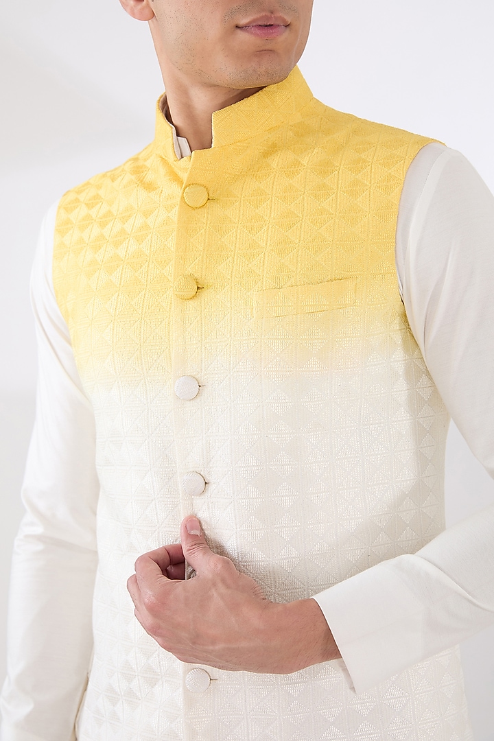 Off-White & Yellow Chanderi Thread Embroidered Ombre Nehru Jacket Set by Sulakshna Jasra at Pernia's Pop Up Shop