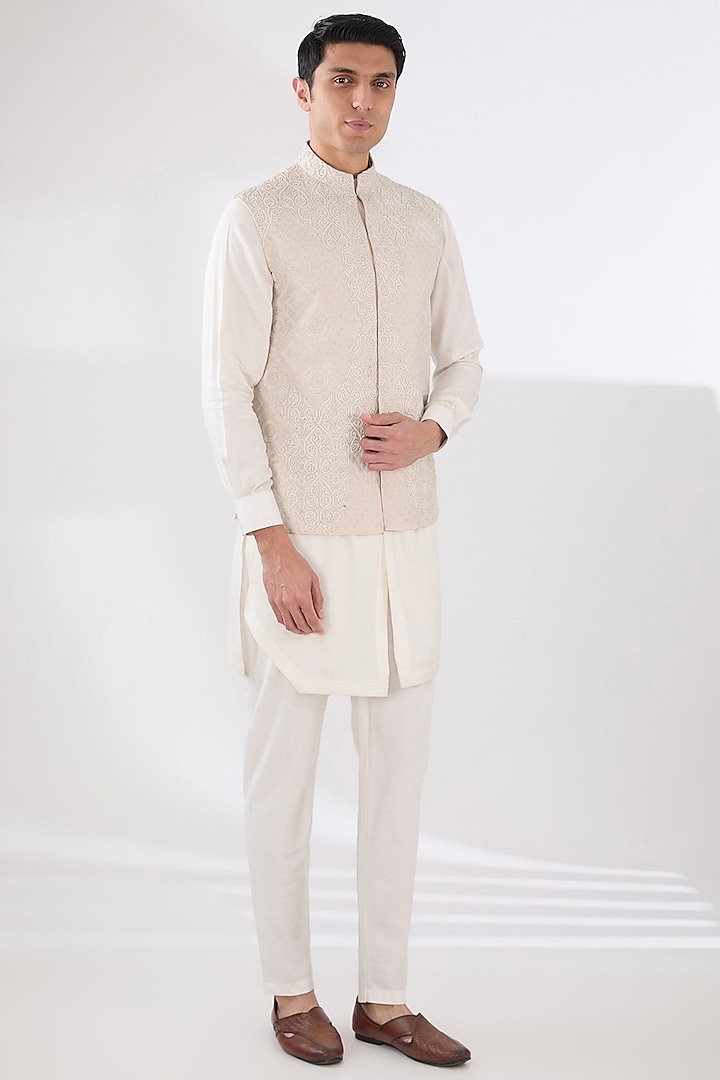 Light Peach & Off-White Linen Silk Dori Embroidered Nehru Jacket Set by Sulakshna Jasra