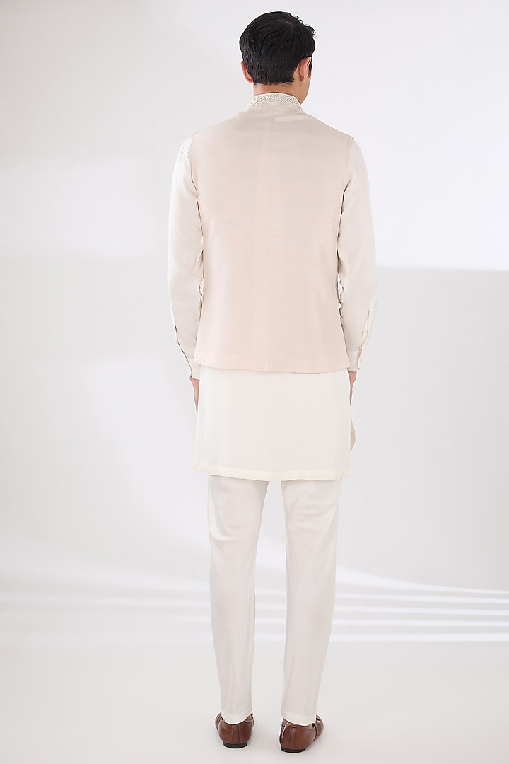 Light Peach & Off-White Linen Silk Dori Embroidered Nehru Jacket Set by Sulakshna Jasra at Pernia's Pop Up Shop