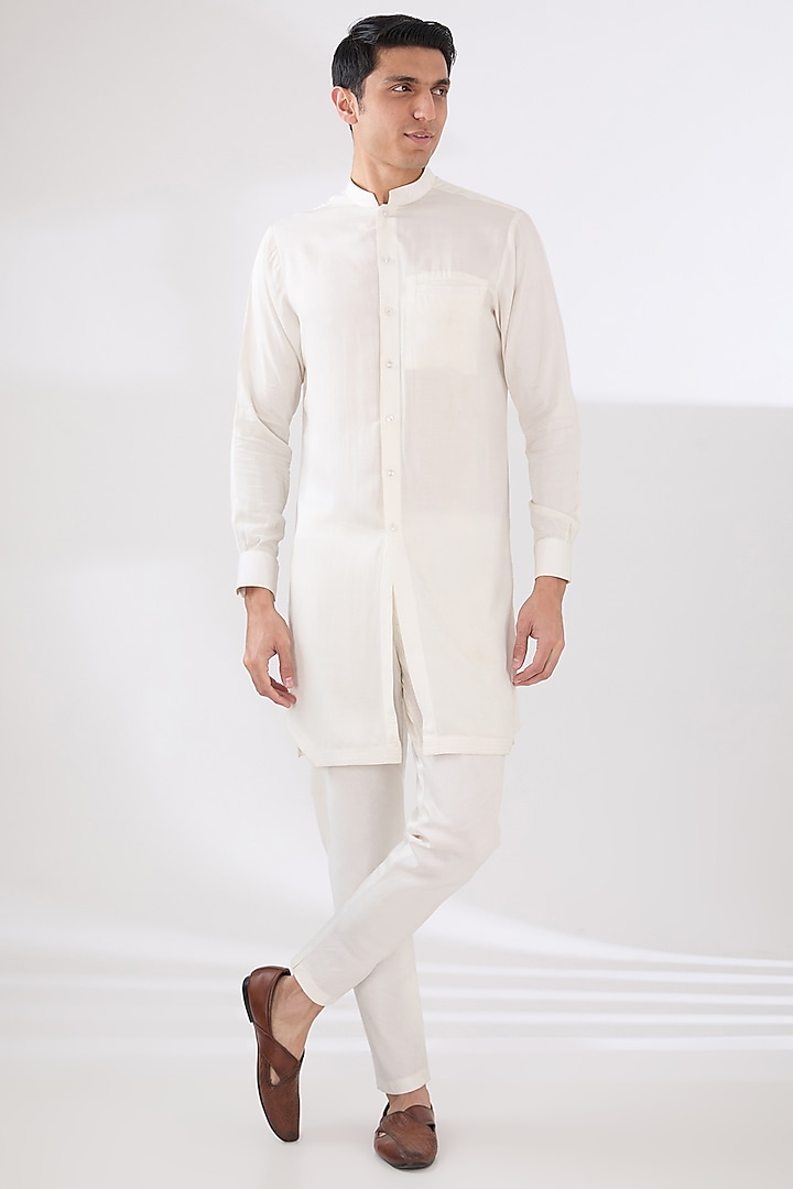 Light Peach & Off-White Linen Silk Dori Embroidered Nehru Jacket Set by Sulakshna Jasra at Pernia's Pop Up Shop