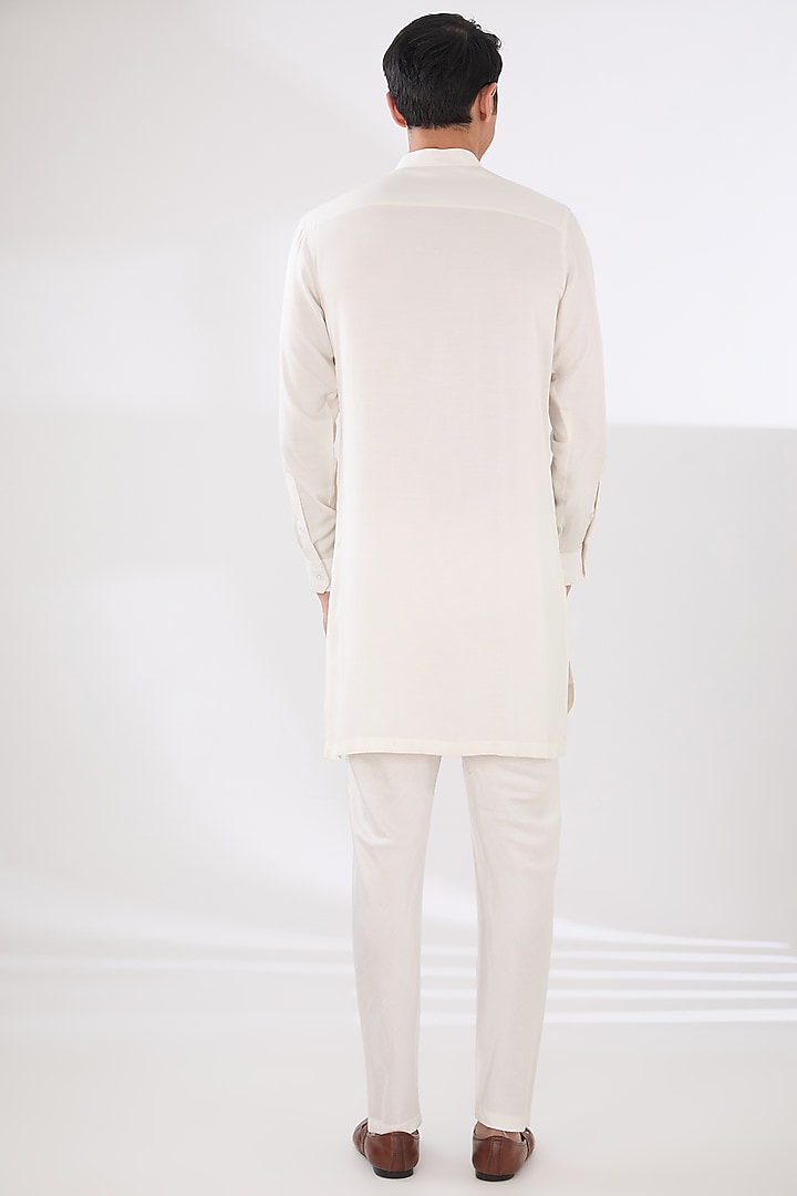 Light Peach & Off-White Linen Silk Dori Embroidered Nehru Jacket Set by Sulakshna Jasra at Pernia's Pop Up Shop