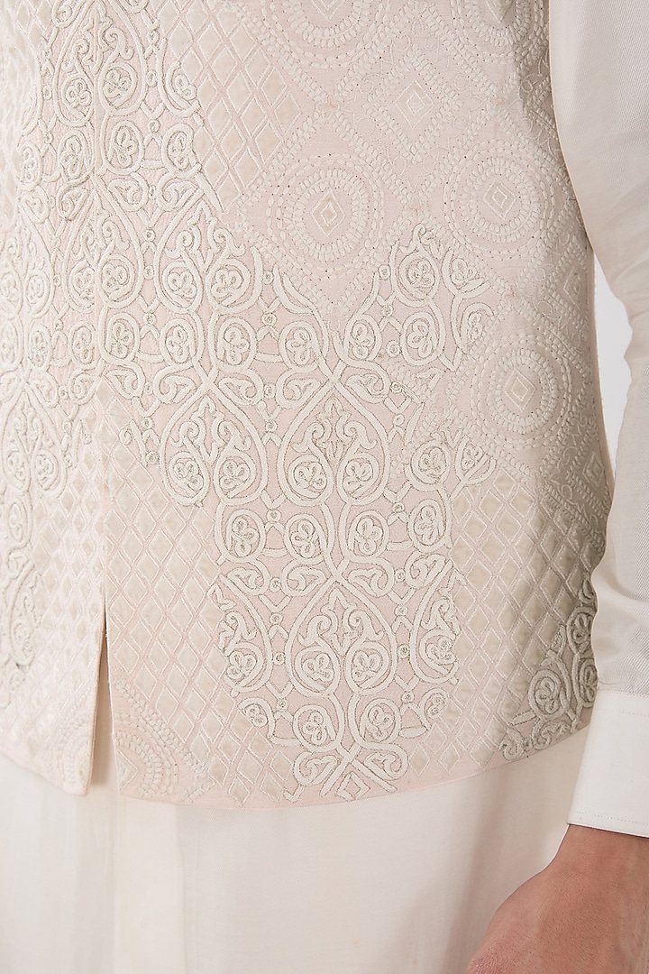 Light Peach & Off-White Linen Silk Dori Embroidered Nehru Jacket Set by Sulakshna Jasra at Pernia's Pop Up Shop