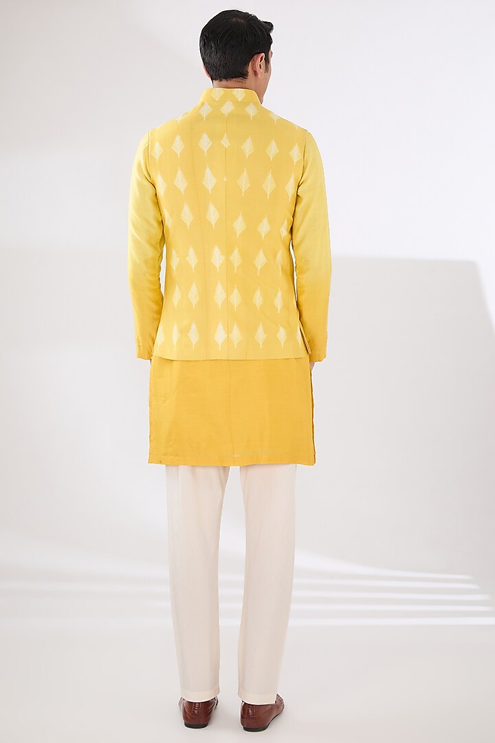 Yellow Chanderi Shibori Printed Nehru Jacket Set by Sulakshna Jasra at Pernia's Pop Up Shop