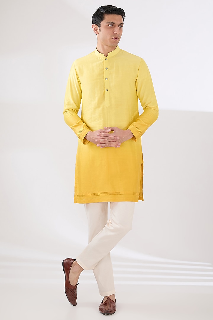 Yellow Chanderi Shibori Printed Nehru Jacket Set by Sulakshna Jasra at Pernia's Pop Up Shop