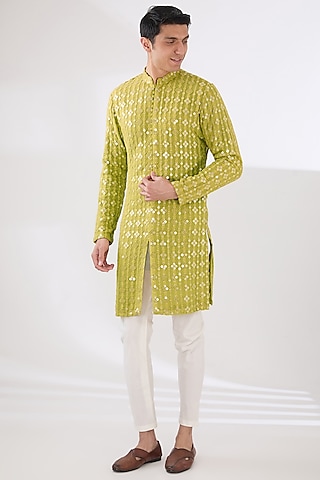 Lime Green Georgette Sitara Embroidered Kurta Set by Sulakshna Jasra