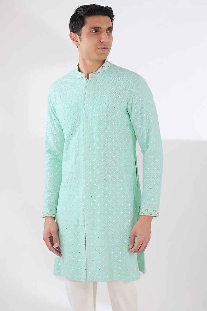 Mint Green Georgette Thread Hand Embroidered Kurta Set by Sulakshna Jasra at Pernia's Pop Up Shop