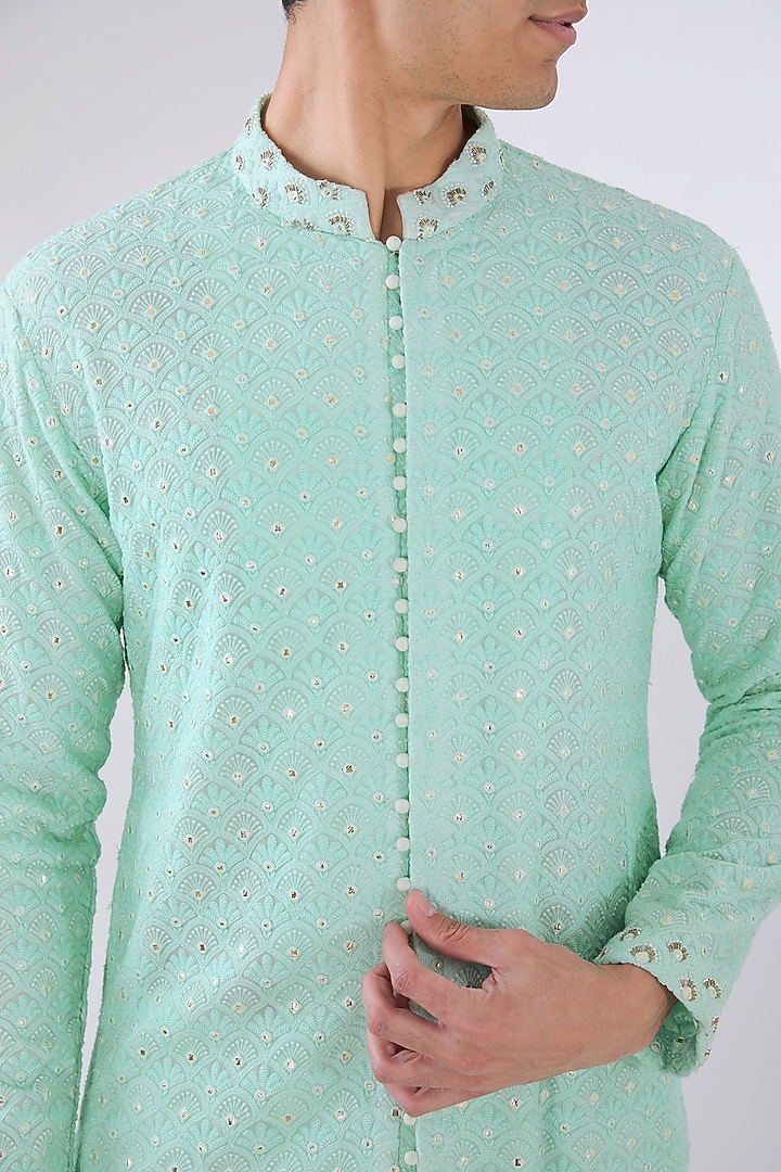 Mint Green Georgette Thread Hand Embroidered Kurta Set by Sulakshna Jasra at Pernia's Pop Up Shop