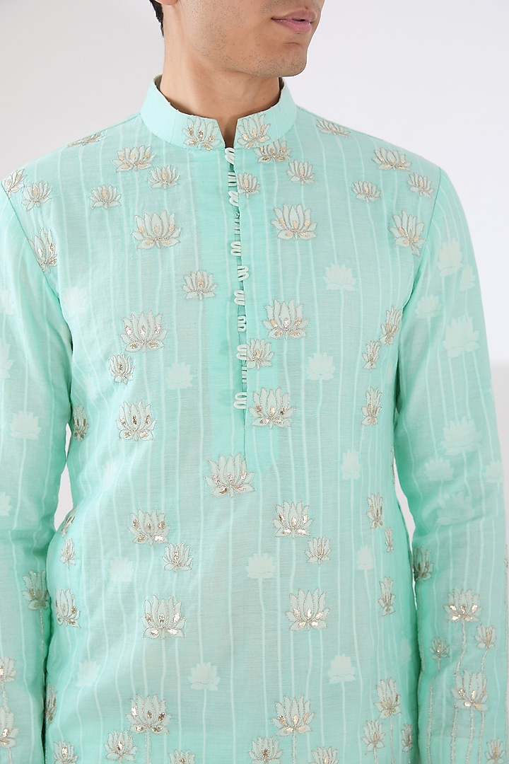 Mint Green Silk Cotton Dori & Gota Embroidered Kurta Set by Sulakshna Jasra at Pernia's Pop Up Shop