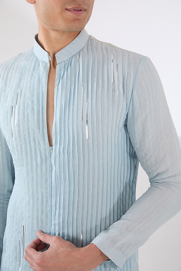Sky Blue Organza Metallic Tape Work Pleated Kurta Set by Sulakshna Jasra at Pernia's Pop Up Shop
