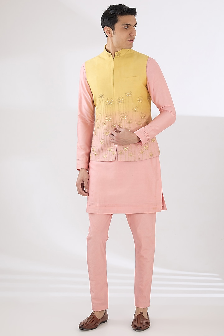 Peach & Yellow Munga Silk Gota Dori Embroidered Bundi Jacket Set by Sulakshna Jasra