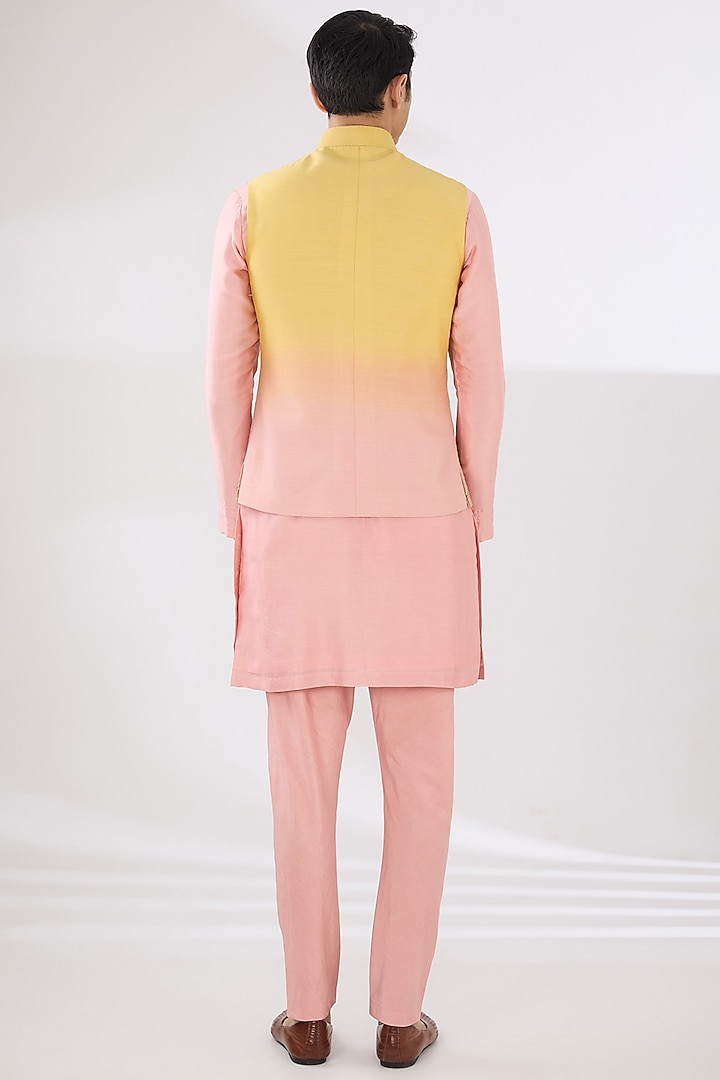 Peach & Yellow Munga Silk Gota Dori Embroidered Bundi Jacket Set by Sulakshna Jasra at Pernia's Pop Up Shop