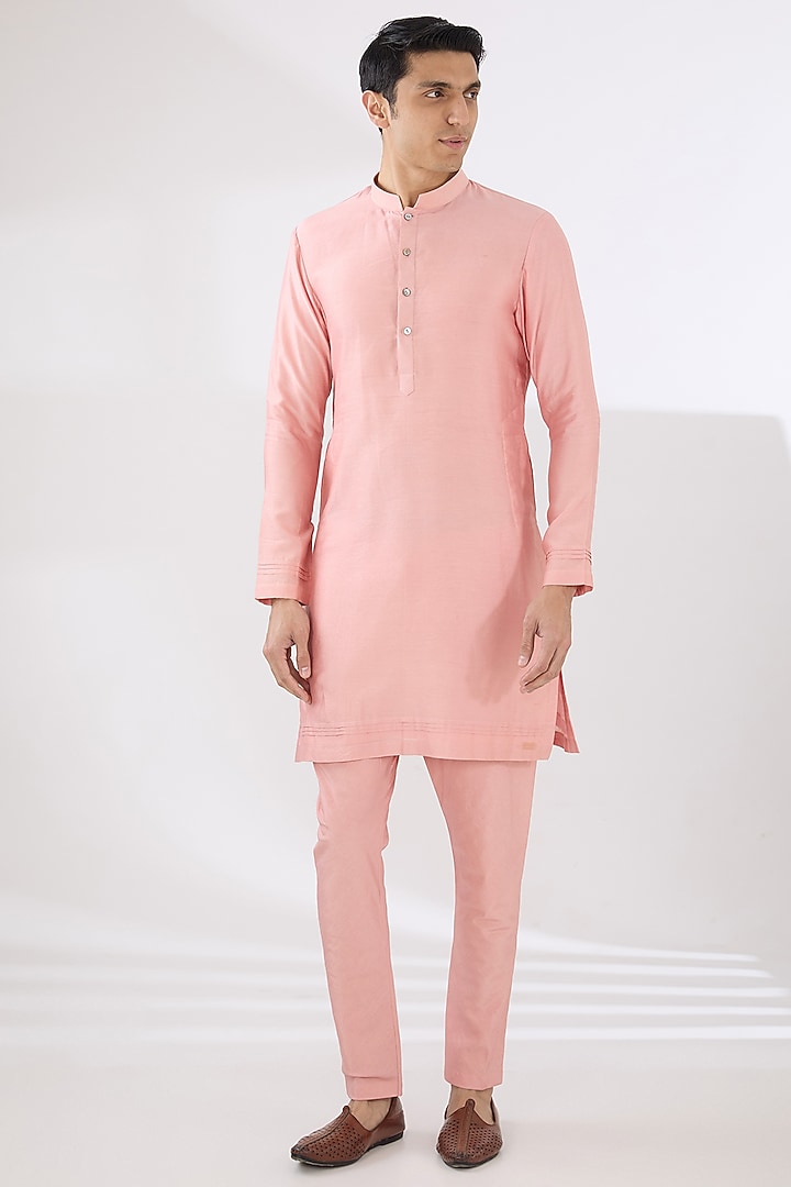 Peach & Yellow Munga Silk Gota Dori Embroidered Bundi Jacket Set by Sulakshna Jasra at Pernia's Pop Up Shop