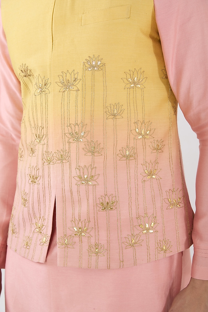 Peach & Yellow Munga Silk Gota Dori Embroidered Bundi Jacket Set by Sulakshna Jasra at Pernia's Pop Up Shop