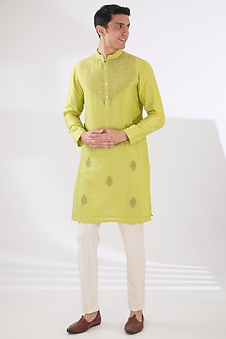 Pista Green Chanderi Pitta Hand Embroidered Kurta Set by Sulakshna Jasra