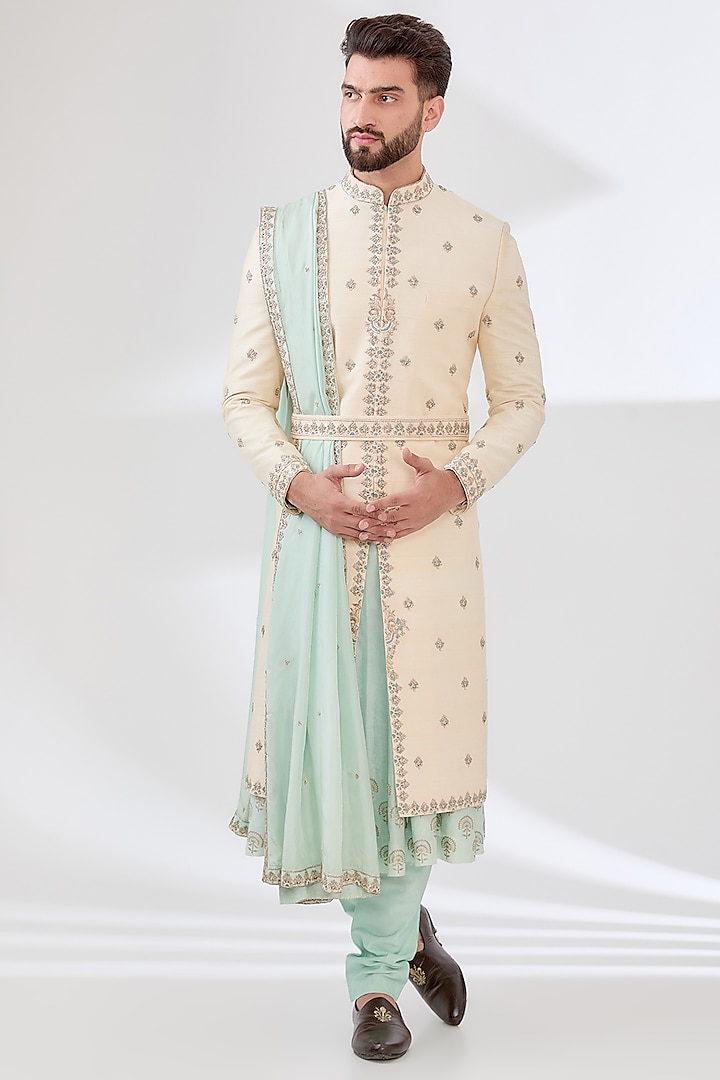 Ivory Raw Silk Dabka Hand Embroidered Sherwani Set by Sulakshna Jasra