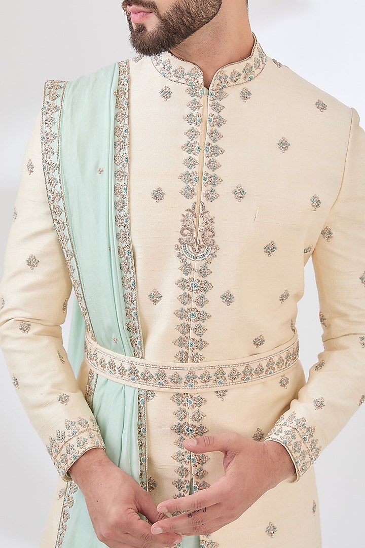 Ivory Raw Silk Dabka Hand Embroidered Groom Sherwani Set by Sulakshna Jasra at Pernia's Pop Up Shop
